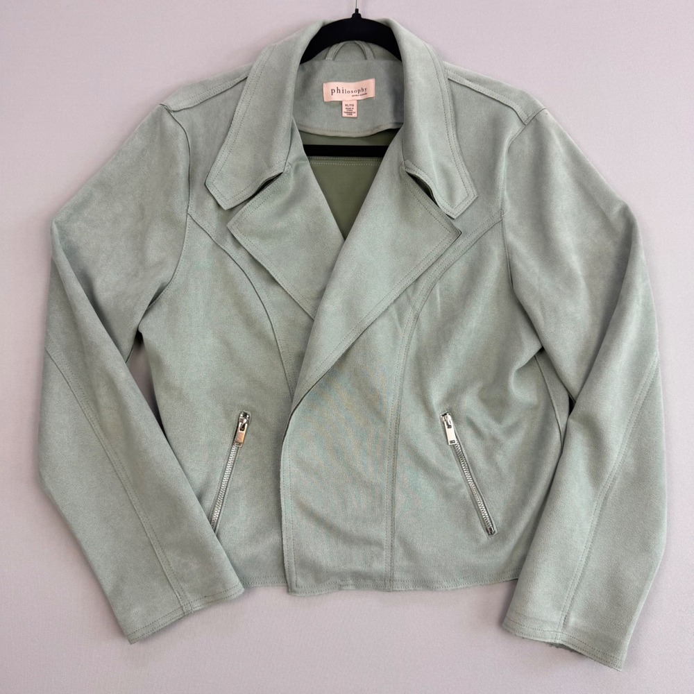 Philosophy Vegan Moto Biker Jacket Faux Suede Sage Green Zipper Pockets XL